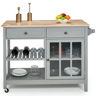 grey and wood portable kitchen island on wheels, glazed door, drawers, wine storage