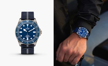 Left, Tudor watch Pelagos FXD on white background, and right, on man's wrist 