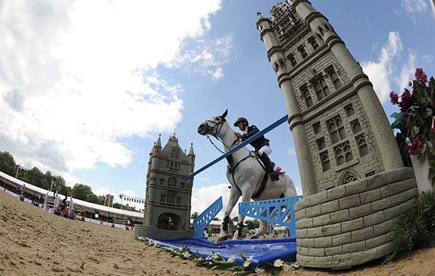 Bertram Allen and Molly Malone get into trouble at the Tower Bridge fence during the Kingdom Of Bahrain Stakes for the King’s Cup