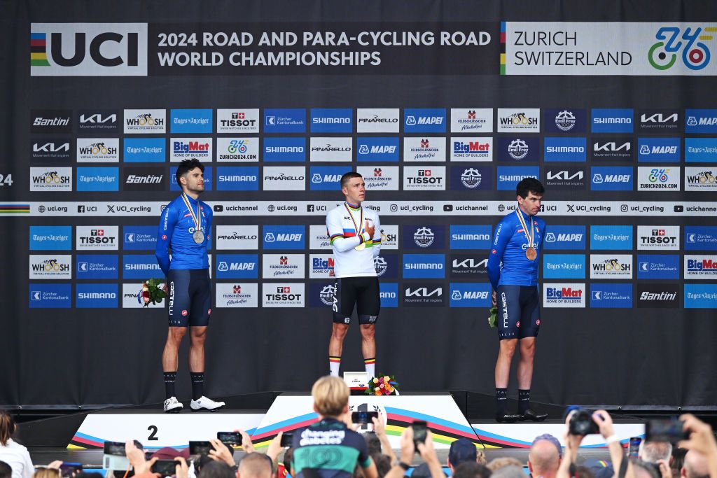 The podium trio in Zurich &ndash; Evenepoel, Filippo Ganna, and Edoardo Affini