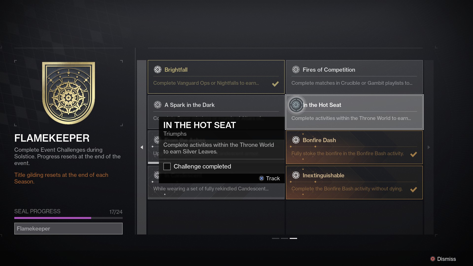 Destiny 2 In the Hot Seat challenge on triumph page
