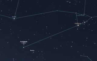 Location of the crab nebula in the constellation Taurus.