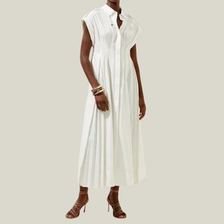 Cotton Poplin Pleat Woven Maxi Shirt Dress