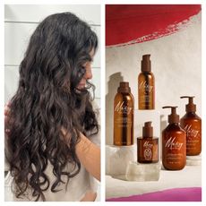 Michelle Rostamian with dark brown curls next to a pack shot of brown bottles