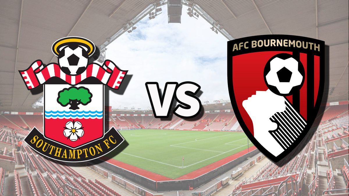 The Southampton and AFC Bournemouth club badges on top of a photo of St. Mary’s Stadium in Southampton, England