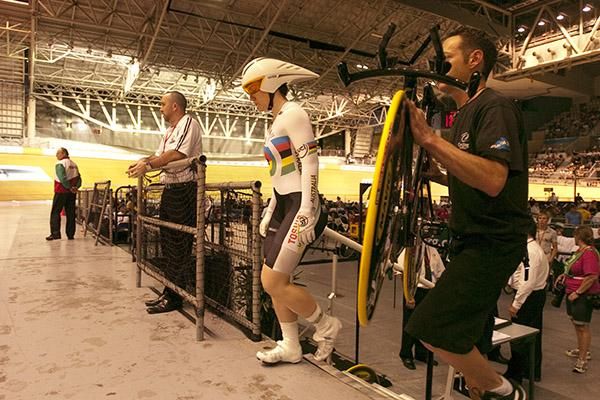 Anna Meares from Australia steps onto the apron to ride in the 500m time-trial.