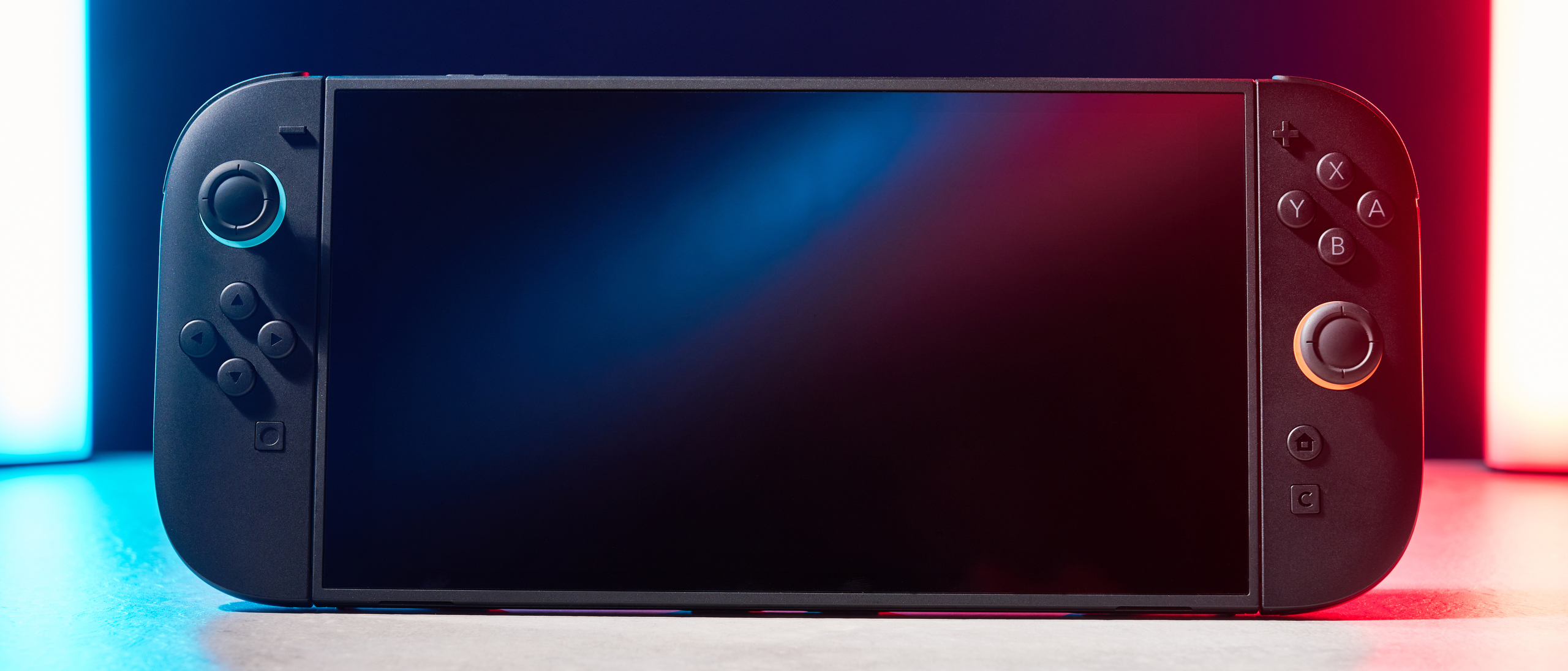 A Nintendo Switch 2 photographed under RGB lighting