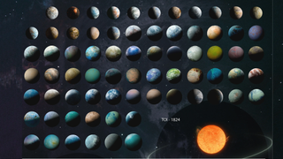 Lots of different exoplanet illustrations neatly organized in a grid pattern. They're all the same size, but different colors.
