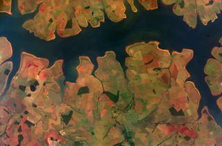 Photographed by an Expedition 16 crewmember aboard the International Space Station, this image shows the Sao Simao Reservoir, Brazil.