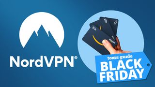 NordVPN logo next to a hand holding Amazon gift cards