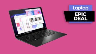Lenovo IdeaPad Slim 9i laptop against neon pink background