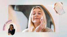 Image of woman with straight blonde hair wiping her face in the mirror, on a pastel watercolour background with circular photo of Dr Tego Kirnon-Jackman, pink expert advice banner and scrub swatch