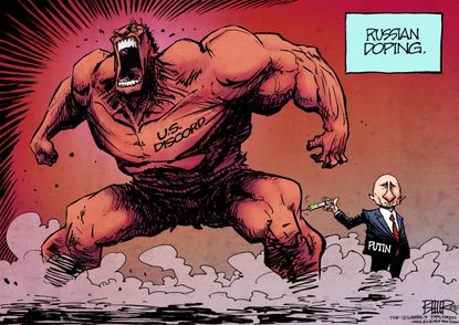 Political cartoon U.S. Russian trolls online election meddling Olympics 2018 doping