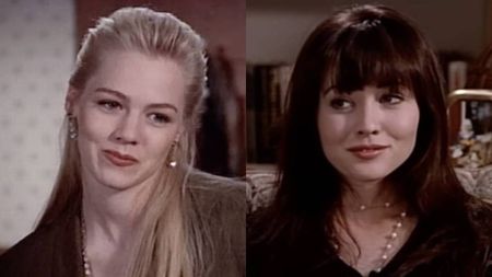 Jennie Garth and Shannen Doherty in Beverly Hills, 90210.