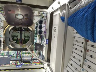 Inside the orbiting lunar habitat mock-up built by Lockheed Martin. The hatch on the left would lead into the Orion spacecraft cockpit. The blue thing on the right is a sleeping bag. Food and other supplies would line the walls of the habitat.