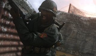 A soldier charges in Call of Duty: WWII