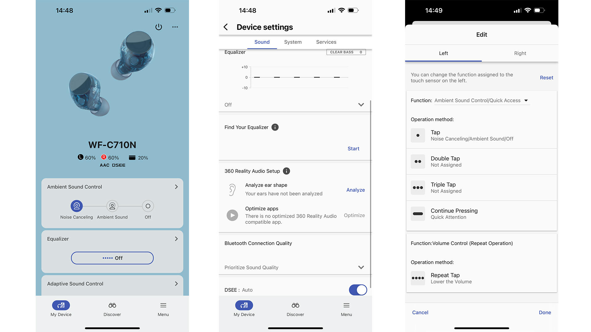Three screenshots of Sony Music app used with WF-C710N earbuds