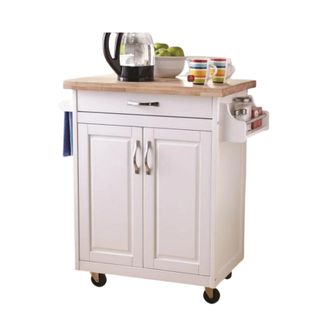 A white kitchen island cart with a kettle and cups on top