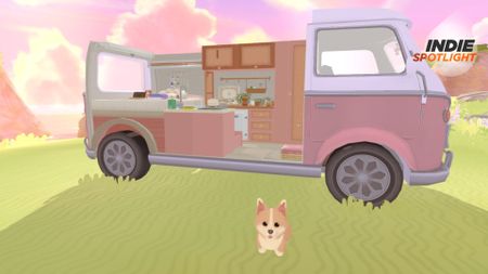 Camper Van: Make it Home screenshot of a corgi standing in front of a pink camper van with a purple hued clouded sky in the background and the Indie Spotlight logo in the top right corner 