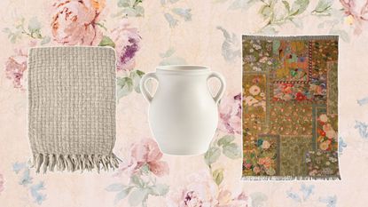 Transitional home decor picks including a beige blanket, white vase, and green floral rug on a pink vintage floral background