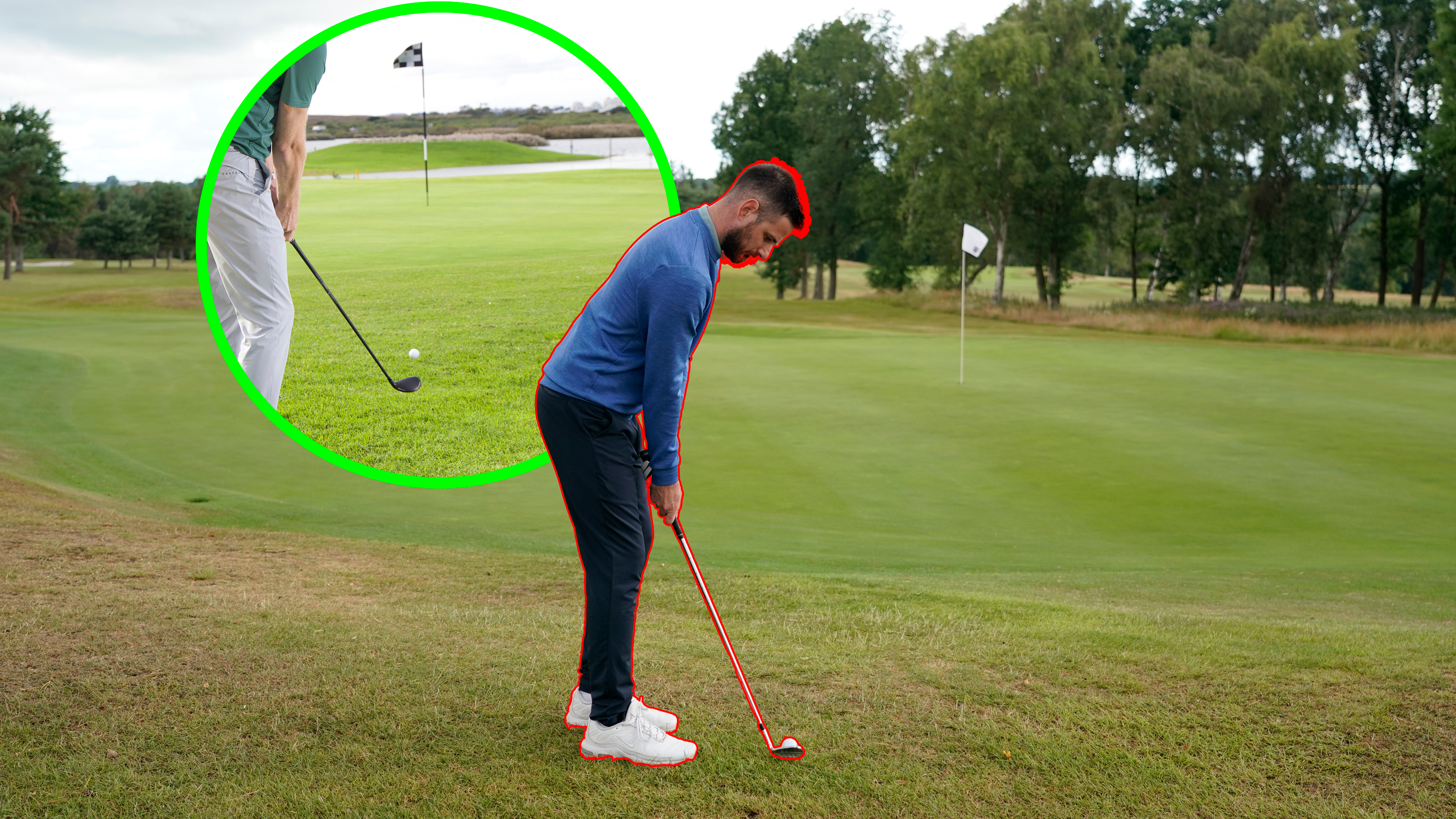 Baz Plummer hitting a chip shot from around the green with a wedge, with a red outline to indicate this is the wrong strategy, with an inset image of a hybrid chip shot outlined in green to highlight that this is the correct strategy for high-handicap golfers