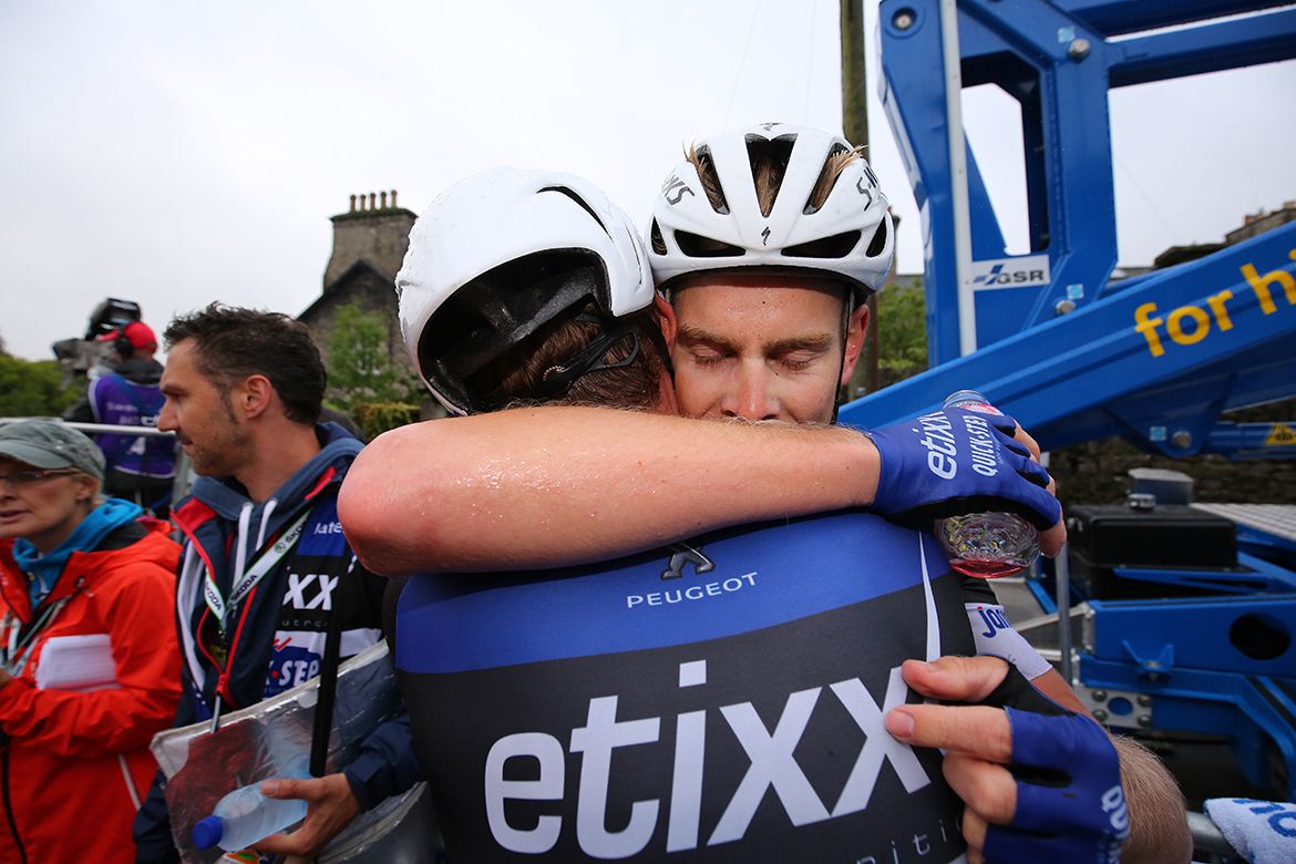 Dan Martin congratulates Etixx-QuickStep teammate Julien Vermote after stage 2 of the Tour of Britain.