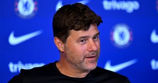 Chelsea manager Mauricio Pochettino during a press conference at Chelsea Training Ground on August 18, 2023 in Cobham, England.