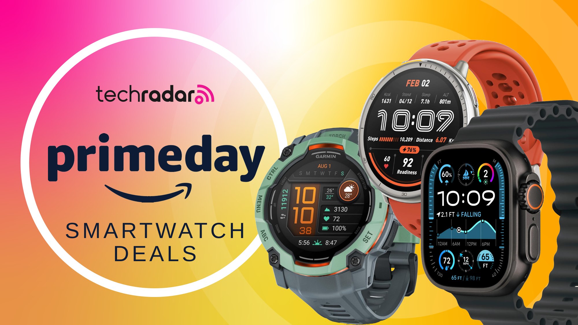 Garmin instinct 3, Amazfit Active 2 and Apple Watch Ultra 2 on banner