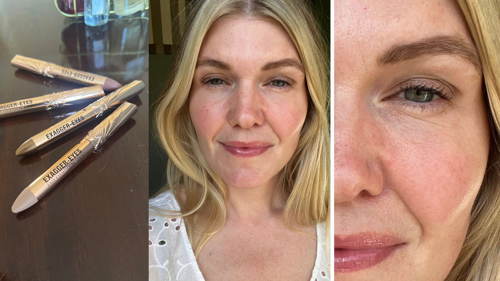 charlotte tilbury exagger eyes eyeshadow sticks next to an image of fiona mckim with eyeshadow on and a close up image of eye with the oyster shade on