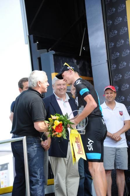 Greg LeMond on the podium with stage 15 winner Chris Froome (Sky) on Mont Ventoux