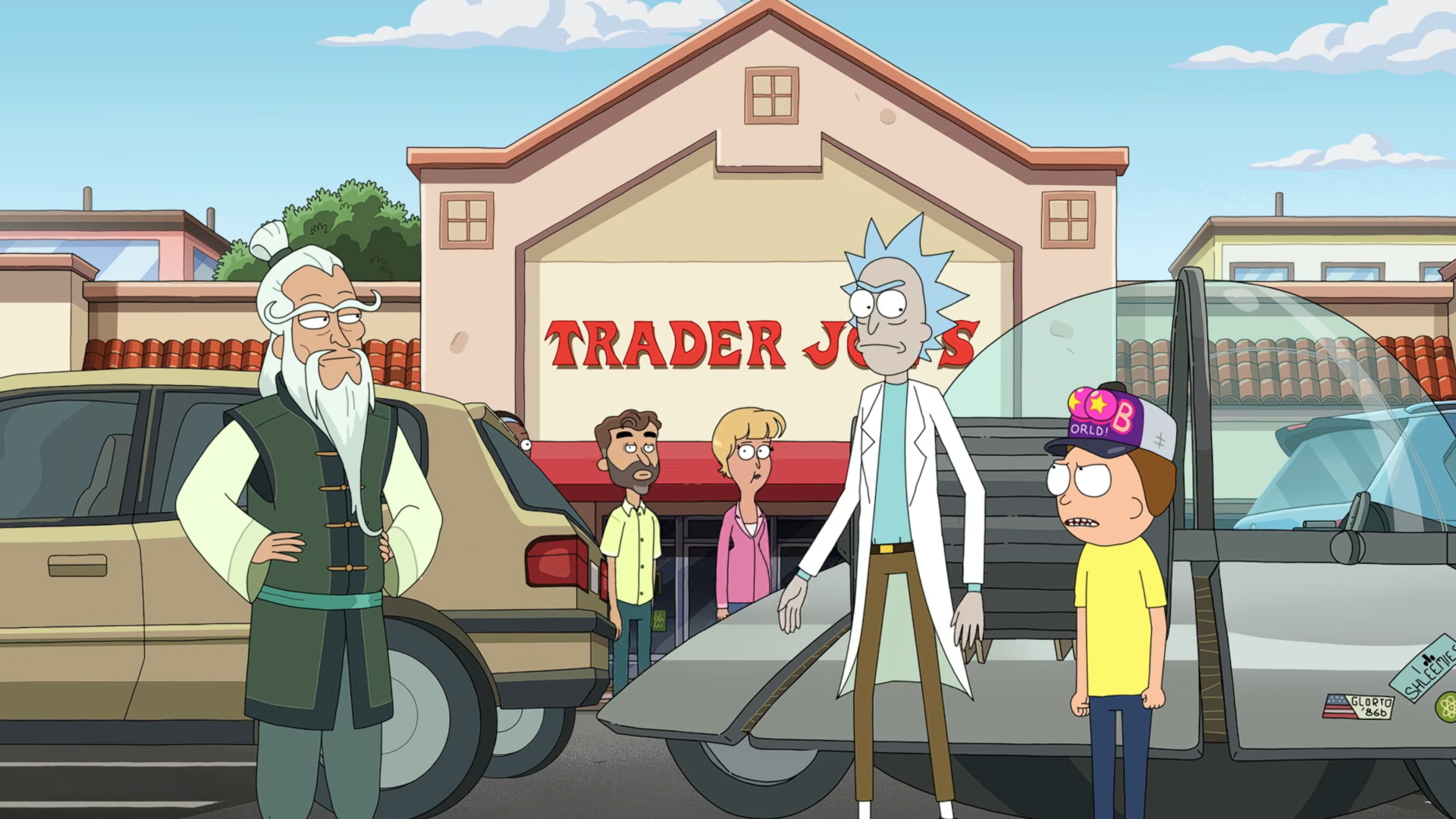 An old man and a boy outside their spaceship talking to a kung-fu master in a Trader Joe's carpark.