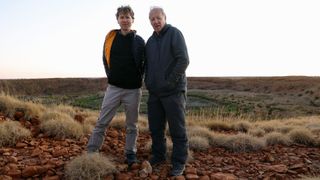 Clive Oppenheimer and Werner Herzog in a barren landscape in Fireball: Visitors from Darker Worlds