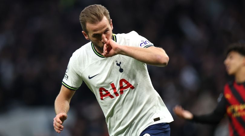 Harry Kane celebrates after scoring against Manchester City, a goal which sees him become Tottenham&#039;s all-time record scorer with 267 goals for the club.