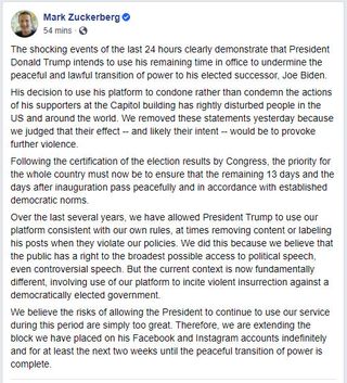 Facebook CEO Mark Zuckerberg's posted statement explaining why President Trump had been banned from Facebook and Instagram.