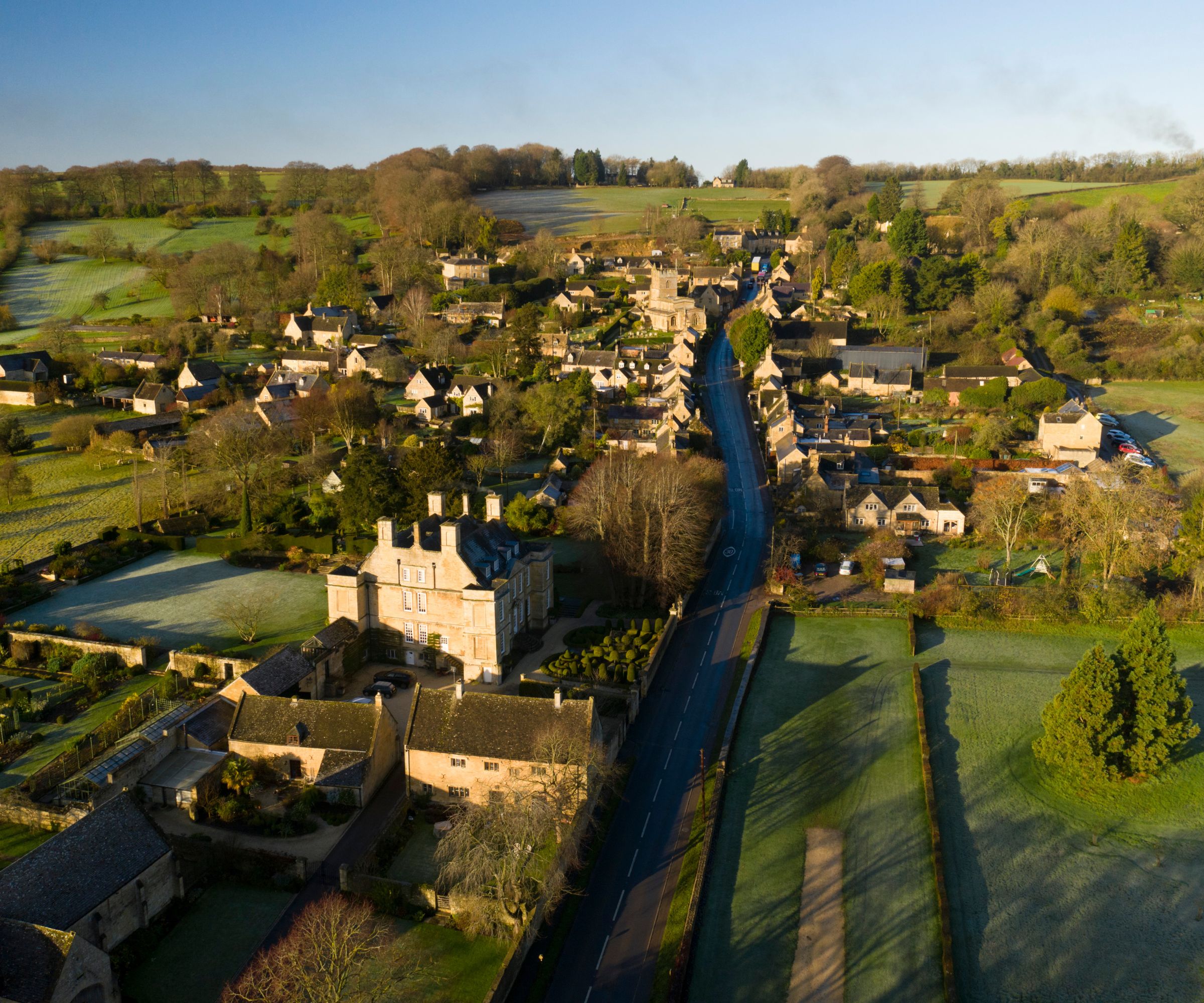 Aerial view, Bourton on the Hill, Cotswold Hills, Cotswolds, UK