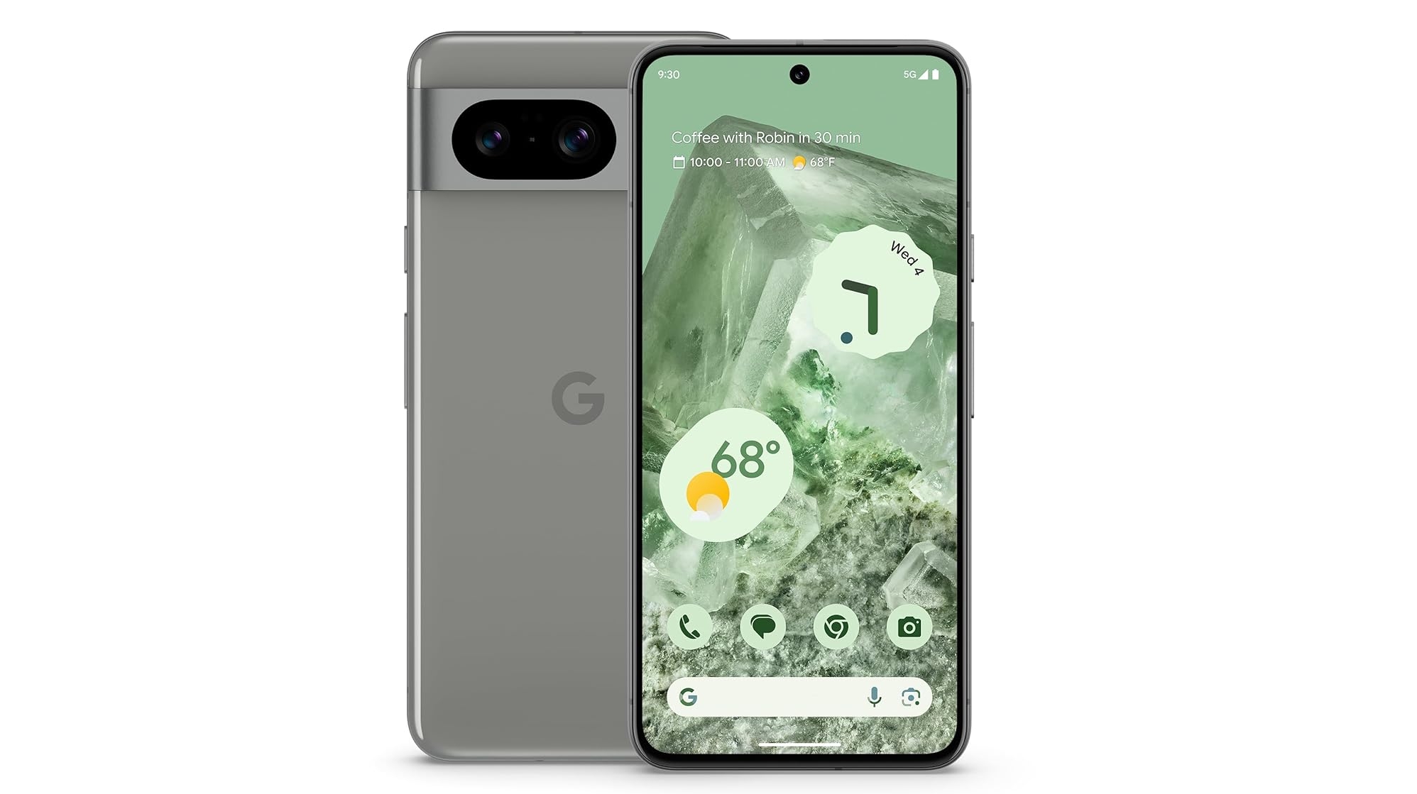 A Google Pixel 8 from the front and back