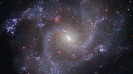 A swirl of purple and blue gas dotted with red stars moves around a central glowing core, blending together to make a giant spiral galaxy.