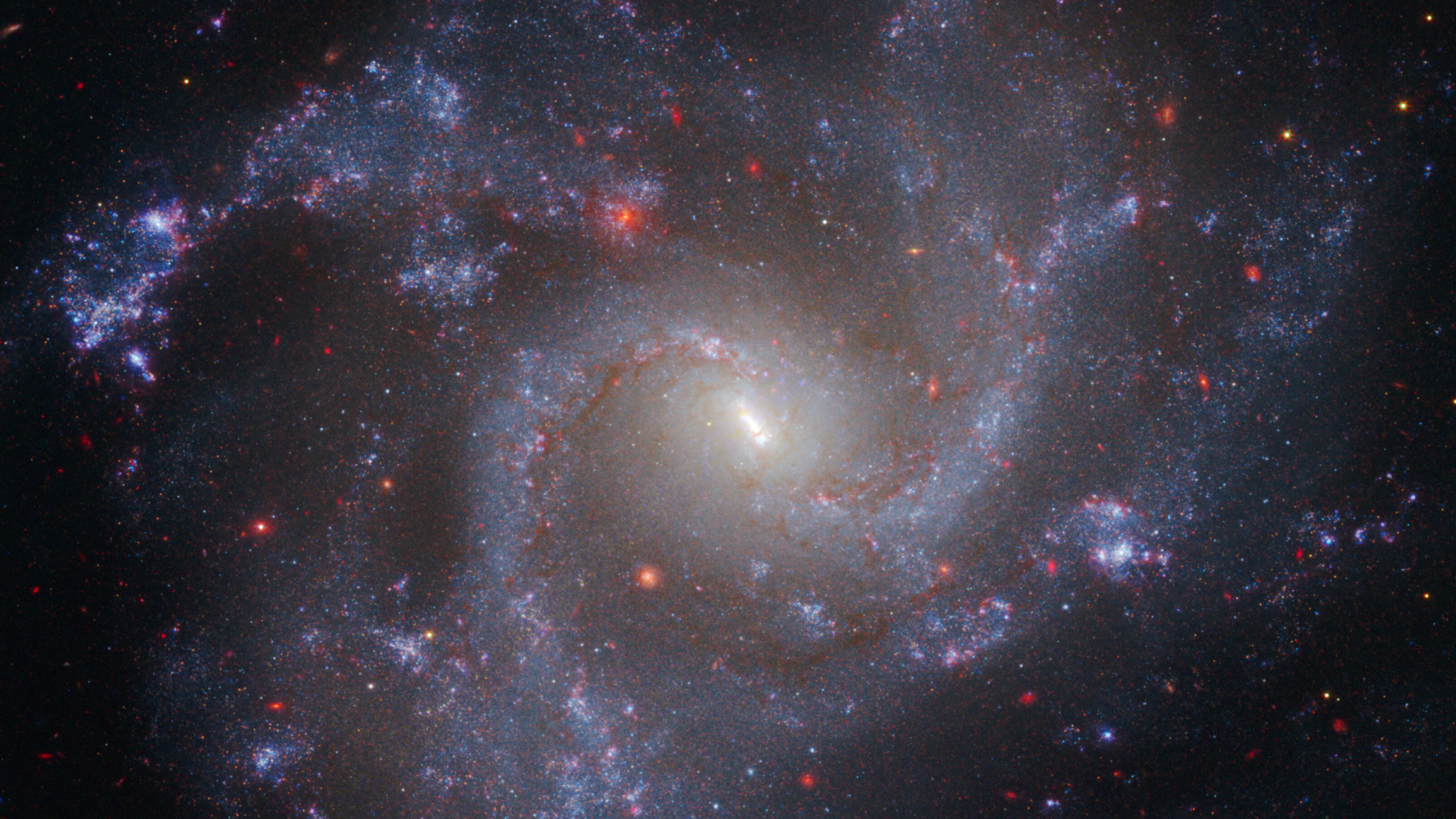 A swirl of purple and blue gas dotted with red stars moves around a central glowing core, blending together to make a giant spiral galaxy.
