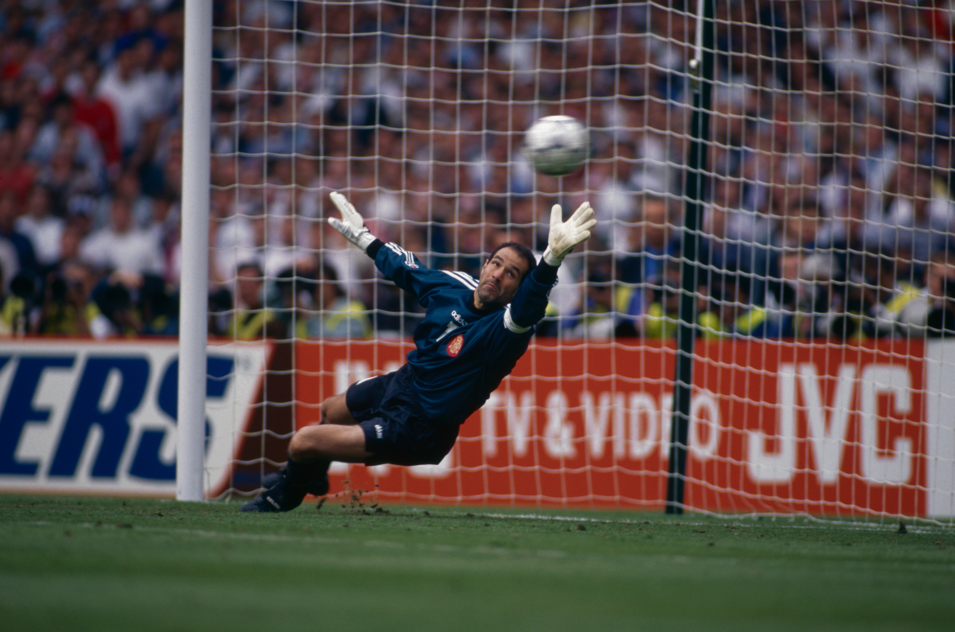 Spain goalkeeper Andoni Zubizarreta makes a save during Euro 96.