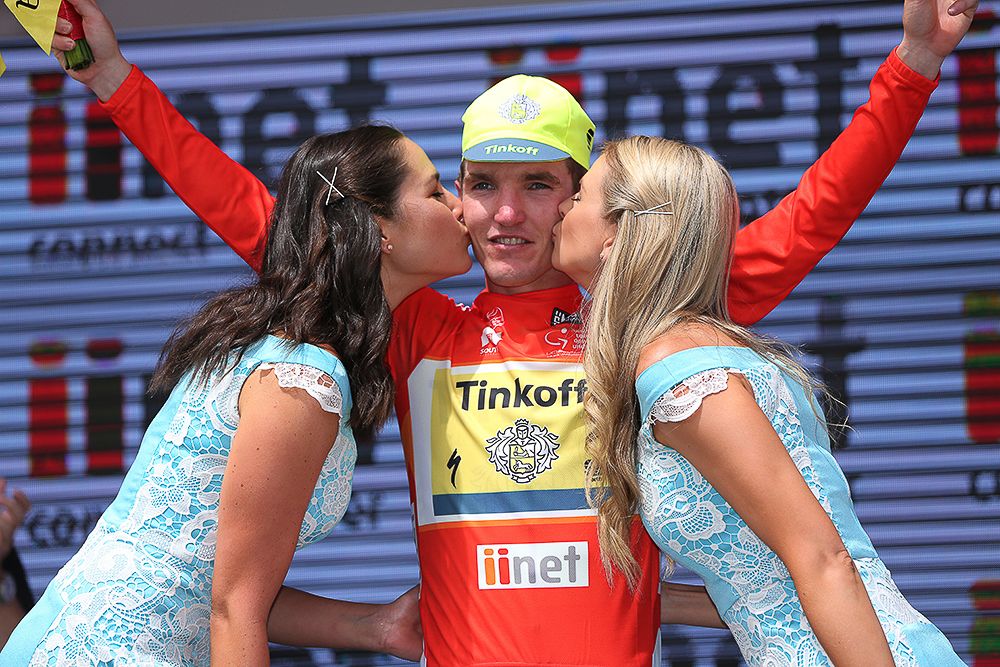 Jay McCarthy in red on the stage 3 podium