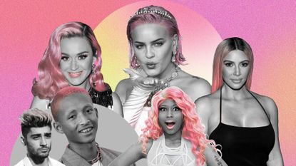 A graphic collage image of celebrities with pink hair including stars like Katy Perry, Nicki Minaj, Anne-Marie, Kim Kardashian, Jaden Smith and Zayn Malik