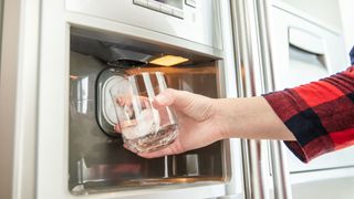 Woman dispensing ice from refrigerator