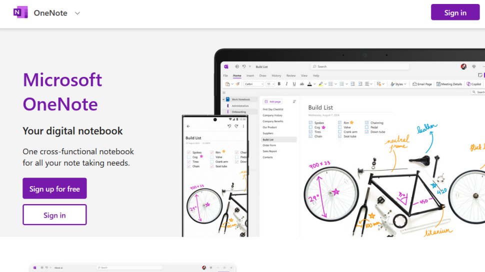 OneNote website screenshot (September 2025).