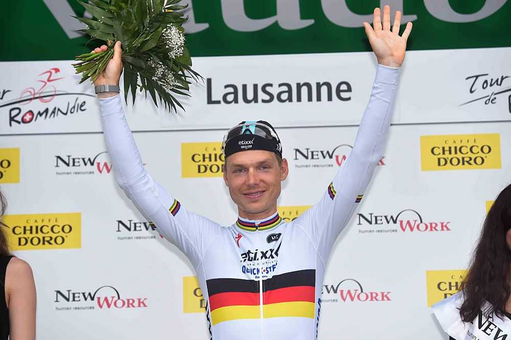 Tony Martin (Etixx-QuickStep) on the finale podium after winning the time trial at the Tour de Romandie