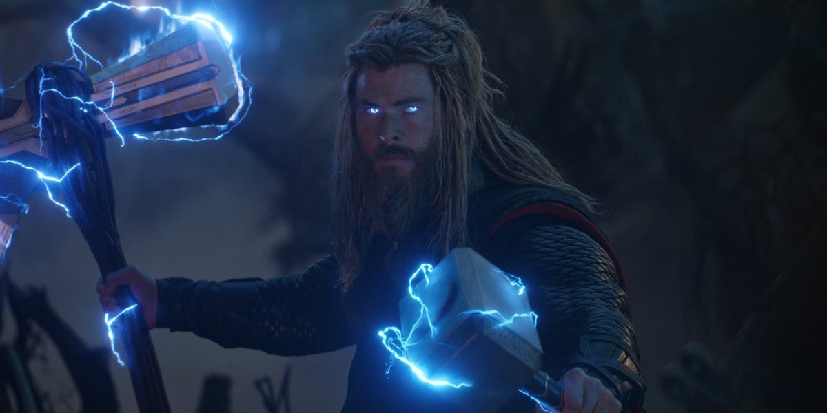 Chris Hemsworth as Thor wielding hammers in Avengers: Endgame