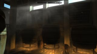 Best Skyrim Mods — a screenshot showing casks being heated over smoky fires, with new volumetric lighting effects added by the Enhanced Lights and FX