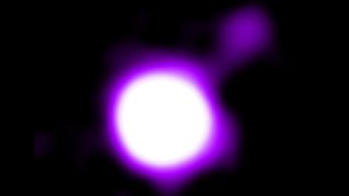 A labelled photo of an eerie orb of white and purple X-ray light from a quasar with an offshooting plume of purple light