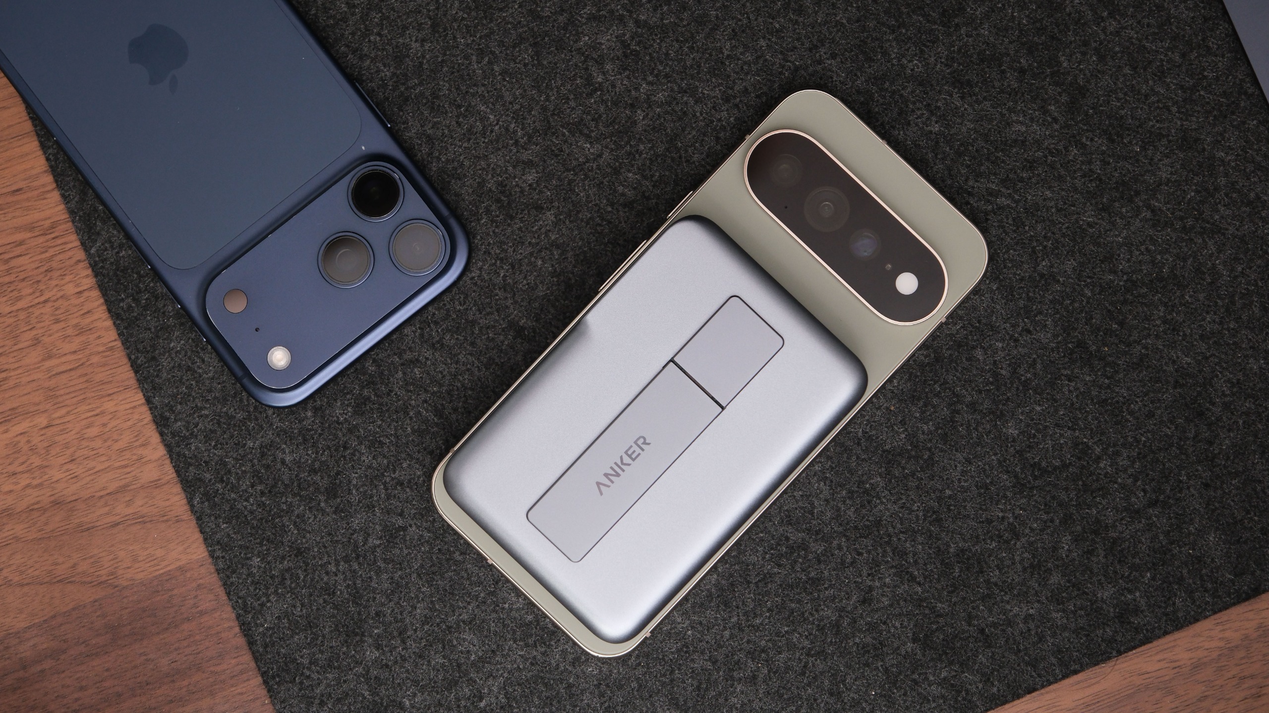 Rear view of the Anker MagGo Power Bank 2 Pro attached to a smartphone, showing its integrated kickstand and Anker branding.