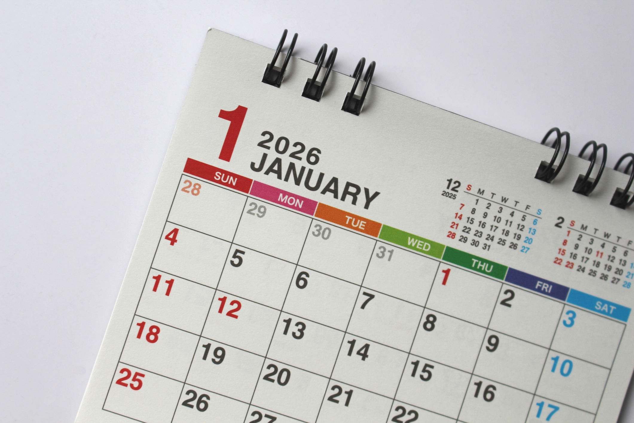 Monthly calendar template for the new year 2026,january, desk calendar,isolated on white background