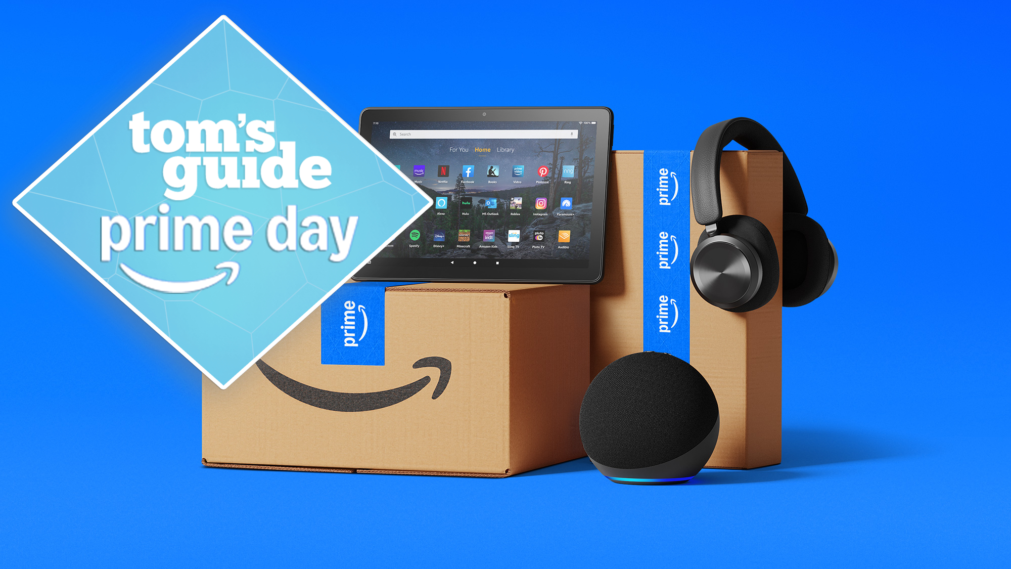 Fire Tablet, Echo Dot, and headphones on Amazon delivery boxes